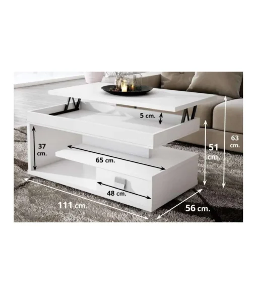 Mesa centro elevable acabado blanco, 51 cm(alto) 110 cm(ancho) 55 cm(largo)