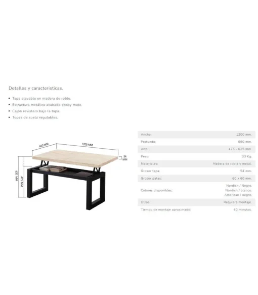 Mesa centro elevable Loft color roble nordish estructura en negro 47,5 cm(alto)120 cm(ancho)60 cm(largo)