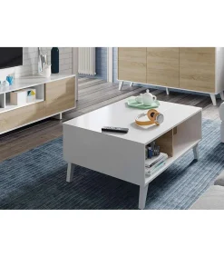Mesa centro elevable Oria en blanco y roble canadian 38 cm(alto)100 cm(ancho)68 cm(largo)