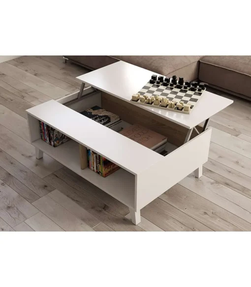 Mesa centro elevable Oria en blanco y roble canadian 38 cm(alto)100 cm(ancho)68 cm(largo)