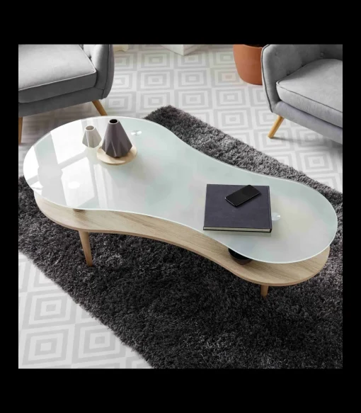 Mesa centro modelo Peanut para salón acabado cristal glaseado, 60cm(alto) 140cm(ancho) 70cm(largo)