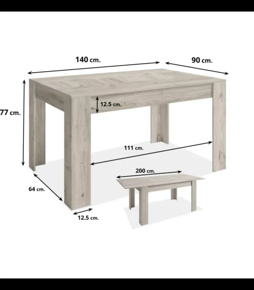 Mesa comedor Bass extensible acabado roble sahara, 77cm(alto) 140-200cm(ancho) 90cm(largo)