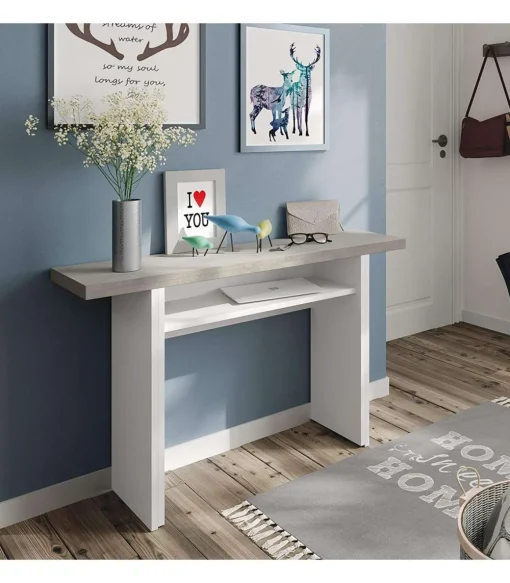Mesa consola o cocina desplegable Gio en blanco Artik y gris Cemento 120 cm(ancho) 77 cm(alto) 35/70 cm(fondo)