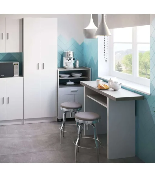 Mesa consola o cocina desplegable Gio en blanco Artik y gris Cemento 120 cm(ancho) 77 cm(alto) 35/70 cm(fondo)