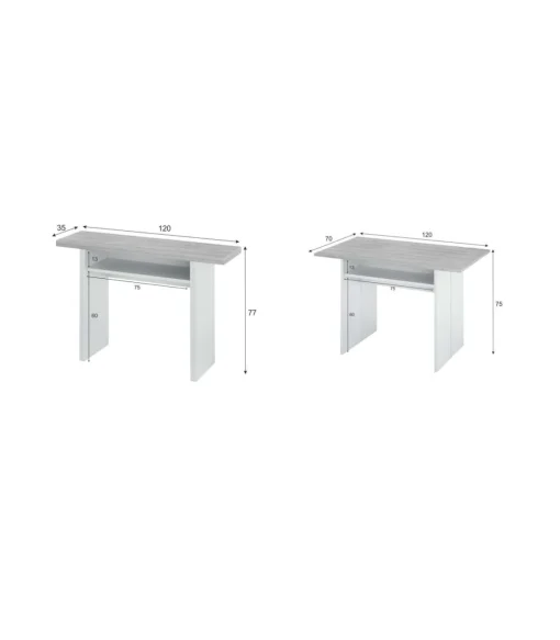Mesa consola o cocina desplegable Gio en blanco Artik y gris Cemento 120 cm(ancho) 77 cm(alto) 35/70 cm(fondo)