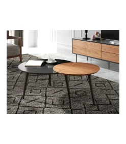 Mesa de centro con dos cuerpos circulares en nogal y gris mate Helena, 80/59.5 x 41/43.5 cm (diámetro x alto)