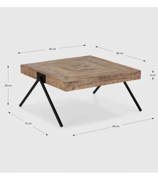 Mesa de centro cuadrada modelo Aaron acabado madera de mango natural, 40cm(alto) 80cm(ancho) 80cm(fondo).