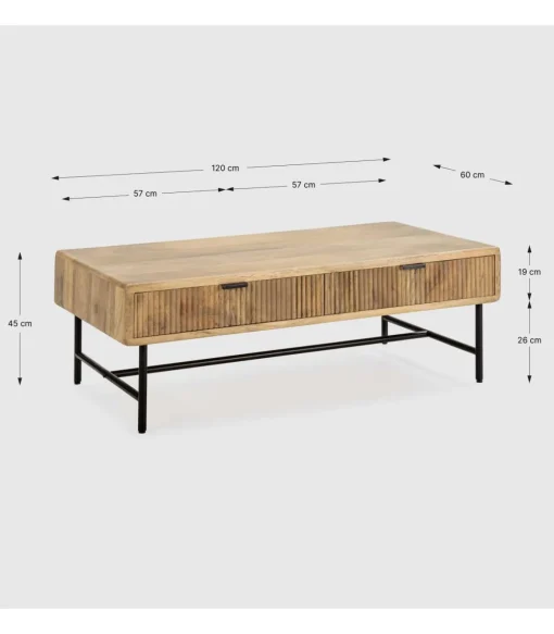 Mesa de centro Michel acabado madera de mango, 45cm(alto) 120cm(ancho) 60cm(fondo).