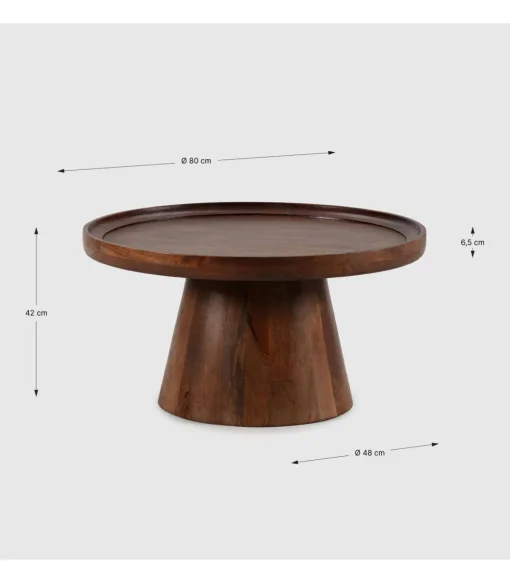 Mesa de centro redonda modelo Rayan acabado madera de mango, 40cm(alto) 80cm(ancho) 80cm(fondo).