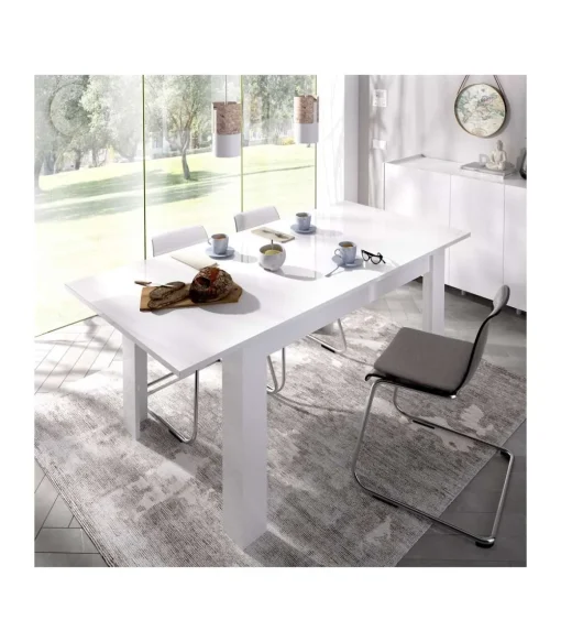 Mesa de salon extensible Baños de la encina en color blanco brillo. 76 cm(alto)140-180 cm(ancho)90 cm(fondo)