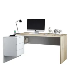 Mesa despacho ordenador Cannes 3 cajones Blanco Artik y Roble Cananadian 73cm(altura) 145cm(ancho) 108cm(fondo).