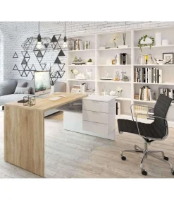 Mesa despacho ordenador Cannes 3 cajones Blanco Artik y Roble Cananadian 73cm(altura) 145cm(ancho) 108cm(fondo).
