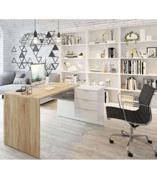 Mesa despacho ordenador Cannes 3 cajones Blanco Artik y Roble Cananadian 73cm(altura) 145cm(ancho) 108cm(fondo).