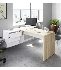 Mesa despacho ordenador Cannes 3 cajones Blanco Artik y Roble Cananadian 73cm(altura) 145cm(ancho) 108cm(fondo).