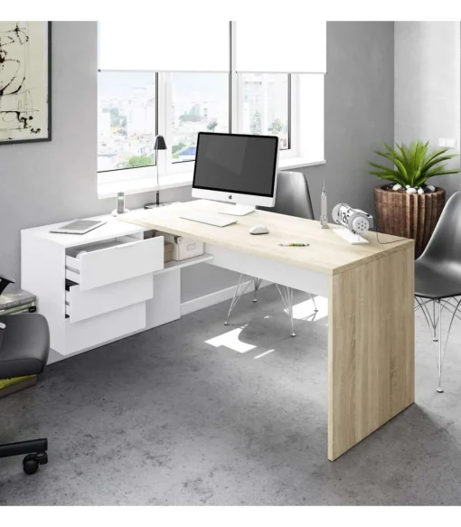 Mesa despacho ordenador Cannes 3 cajones Blanco Artik y Roble Cananadian 73cm(altura) 145cm(ancho) 108cm(fondo).