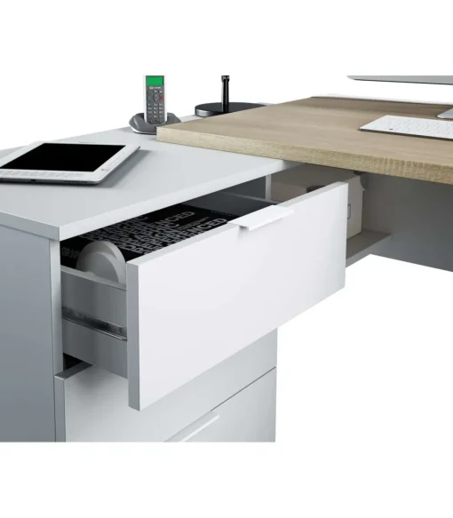 Mesa despacho ordenador Cannes 3 cajones Blanco Artik y Roble Cananadian 73cm(altura) 145cm(ancho) 108cm(fondo).