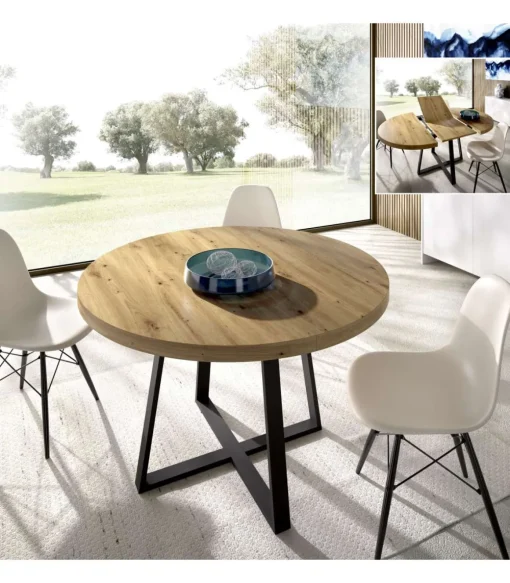 Mesa salon redonda extensible Rin acabado Nordic, 75 cm(alto)110-158 cm(ancho)110 cm(largo)