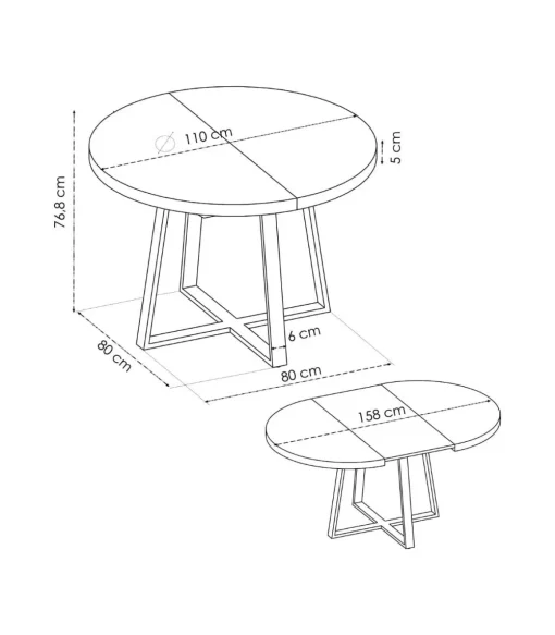 Mesa salon redonda extensible Rin acabado Nordic, 75 cm(alto)110-158 cm(ancho)110 cm(largo)