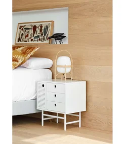 Mesita de noche para dormitorio modelo Punto 1 puerta 3 cajones acabado blanco, 35cm(ancho) 55cm(alto) 48cm(largo)