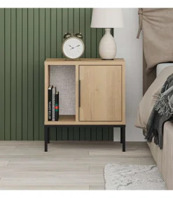 Mesita de noche para dormitorio Md-Leo 1 puerta, 1 hueco acabado roble/negro, 45cm(ancho) 50cm(alto) 35cm(fondo).