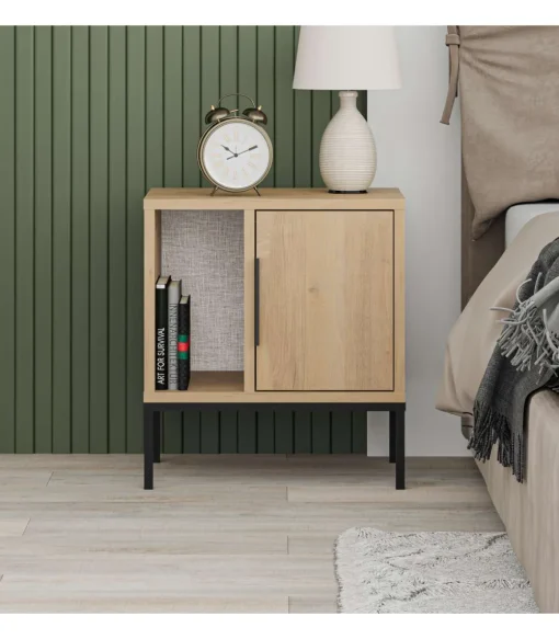 Mesita de noche para dormitorio Md-Leo 1 puerta, 1 hueco acabado roble/negro, 45cm(ancho) 50cm(alto) 35cm(fondo).