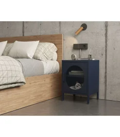 Mesita de noche para dormitorio Dora 1 puerta acabado en metal azul , 40cm(ancho) 60cm(alto) 35cm(fondo).