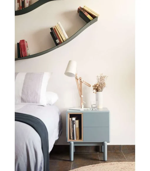 Mesita de noche para dormitorio modelo Corvo 1 hueco 2 cajones acabado gris perla, 35cm(ancho) 55cm(alto) 48cm (largo)