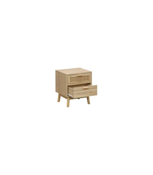 Mesita de noche para dormitorio Trend acabado pino/rattan, 48cm(alto) 40cm(ancho) 39cm(fondo).