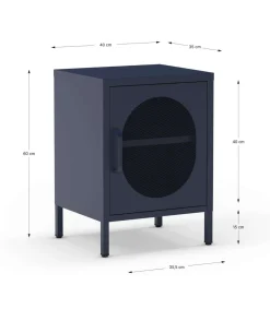 Mesita de noche para dormitorio Dora 1 puerta acabado en metal azul , 40cm(ancho) 60cm(alto) 35cm(fondo).