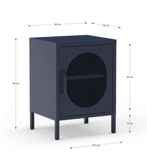Mesita de noche para dormitorio Dora 1 puerta acabado en metal azul , 40cm(ancho) 60cm(alto) 35cm(fondo).