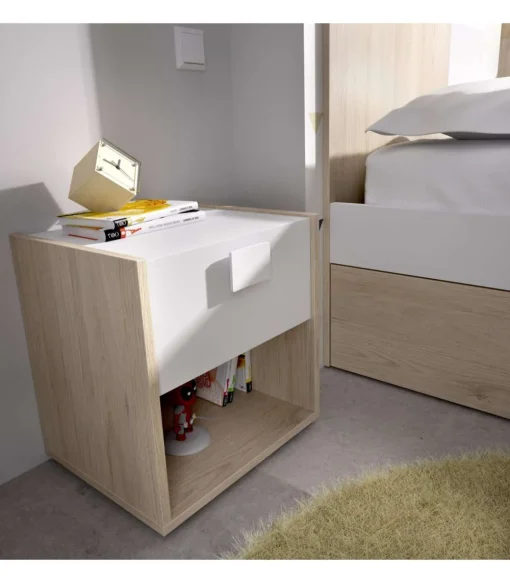 Mesita de noche Santisteban con 1 cajon en acabado natural/blanco 40 cm(alto)40 cm(ancho)33 cm(fondo)