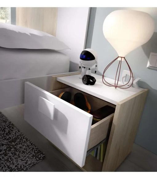 Mesita de noche Santisteban con 1 cajon en acabado natural/blanco 40 cm(alto)40 cm(ancho)33 cm(fondo)
