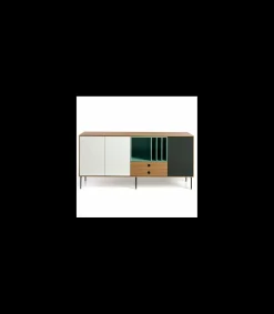 Mueble aparador 3 puertas 2 cajones modelo ZAIDA acabado roble-blanco-gris-verde, 85cm (alto) x 184cm (ancho) x 44cm (prof.)