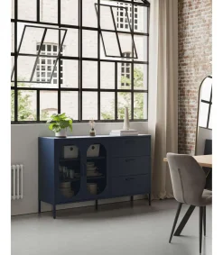 Mueble aparador 2 puertas 2 cajones modelo Dora acabado metal azul, 140cm(ancho) 90cm(alto) 40cm (largo)