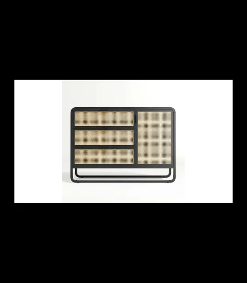 Mueble aparador Md-Armilla 1 puerta, 3 cajones acabado negro/roble claro, 110cm(ancho) 72cm(altura) 45cm(fondo)