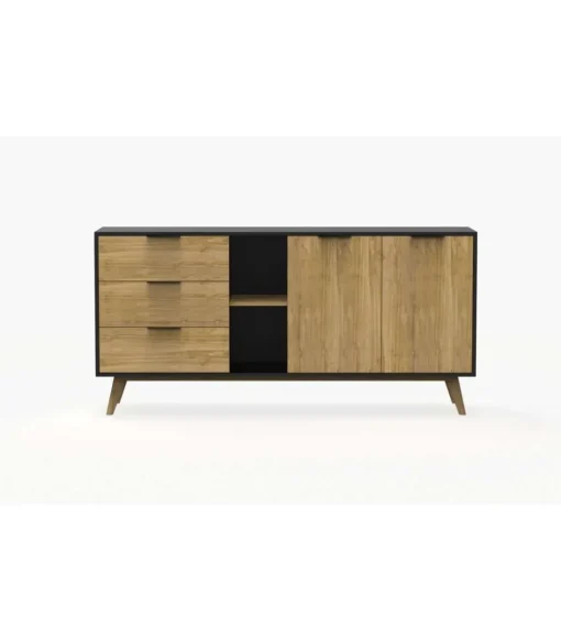 Mueble aparador para comedor modelo Julen 2 puertas 3 cajones acabado natural/bocamina, 165cm(ancho) 81cm(alto) 40cm (fondo)