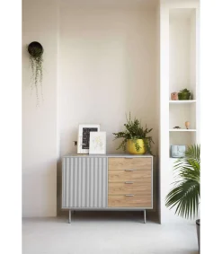 Mueble aparador para comedor modelo Sierra 1 puerta 4 cajones acabado gris/roble, 47cm(ancho) 79.6cm(alto) 159.5cm (largo)