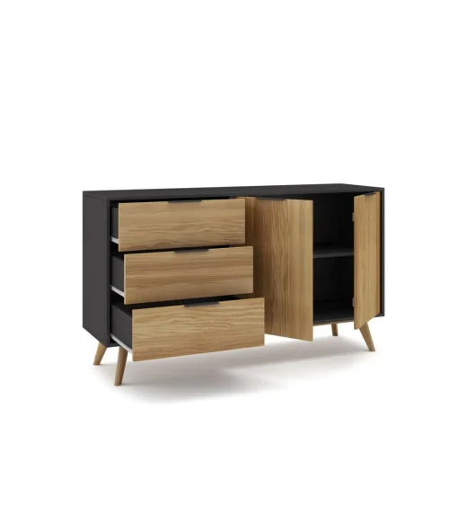 Mueble aparador para comedor modelo Julen 2 puertas 3 cajones acabado natural/bocamina, 140cm(ancho) 81cm(alto) 40cm (fondo)