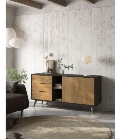 Mueble aparador para comedor modelo Julen 2 puertas 3 cajones acabado natural/bocamina, 165cm(ancho) 81cm(alto) 40cm (fondo)