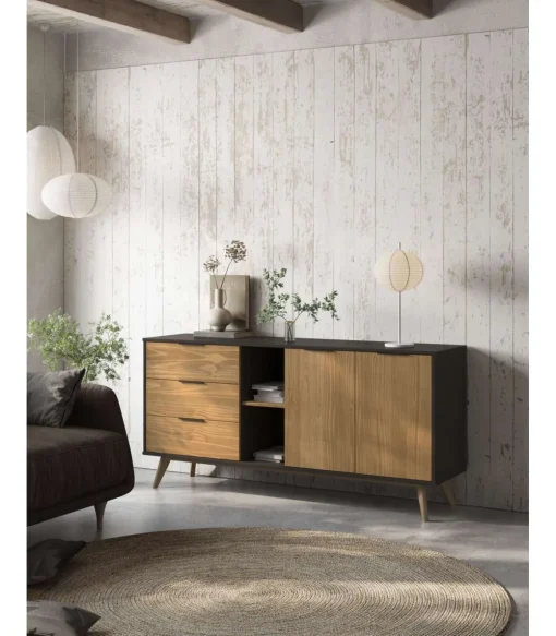 Mueble aparador para comedor modelo Julen 2 puertas 3 cajones acabado natural/bocamina, 165cm(ancho) 81cm(alto) 40cm (fondo)