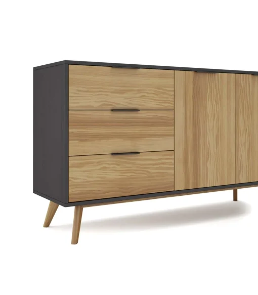 Mueble aparador para comedor modelo Julen 2 puertas 3 cajones acabado natural/bocamina, 140cm(ancho) 81cm(alto) 40cm (fondo)