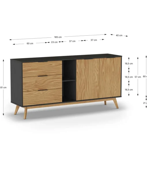 Mueble aparador para comedor modelo Julen 2 puertas 3 cajones acabado natural/bocamina, 165cm(ancho) 81cm(alto) 40cm (fondo)