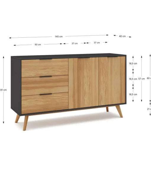 Mueble aparador para comedor modelo Julen 2 puertas 3 cajones acabado natural/bocamina, 140cm(ancho) 81cm(alto) 40cm (fondo)