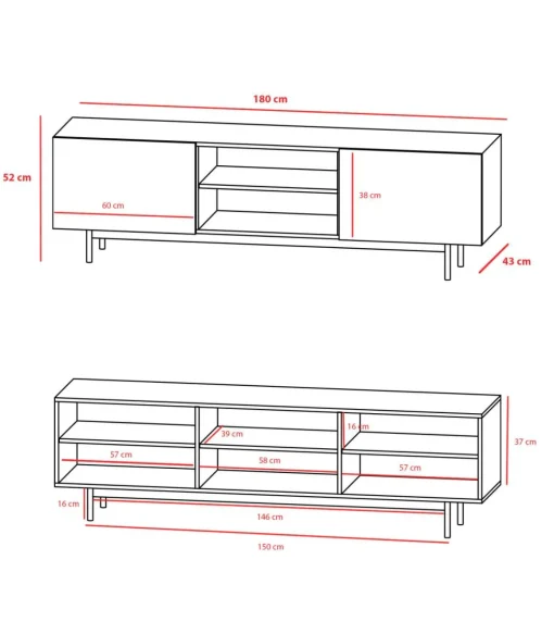 Mueble bajo televisión Md-608-2 en color nogal, 52cm(alto) 180cm(ancho) 43cm(largo)