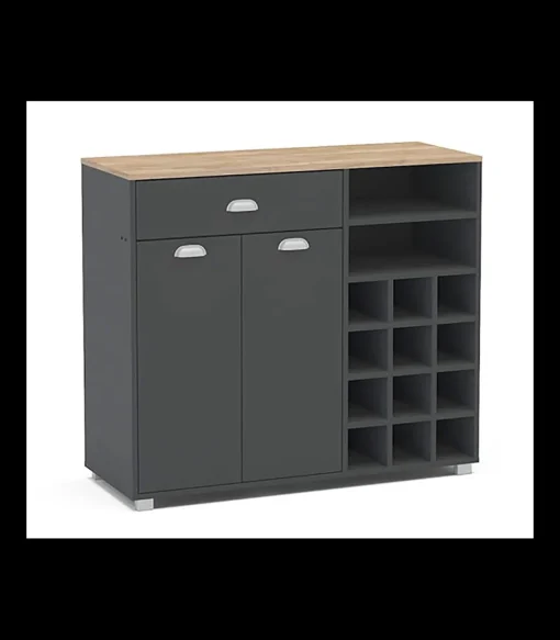 Mueble Buffet bajo 2 puertas 1 cajón y botellero acabado gris grafito, 90cm(alto) x 103cm(ancho) x 40cm(fondo).
