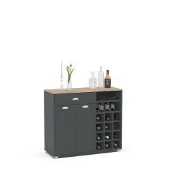 Mueble Buffet bajo 2 puertas 1 cajón y botellero acabado gris grafito, 90cm(alto) x 103cm(ancho) x 40cm(fondo).