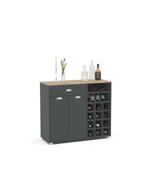 Mueble Buffet bajo 2 puertas 1 cajón y botellero acabado gris grafito, 90cm(alto) x 103cm(ancho) x 40cm(fondo).