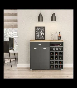 Mueble Buffet bajo 2 puertas 1 cajón y botellero acabado gris grafito, 90cm(alto) x 103cm(ancho) x 40cm(fondo).