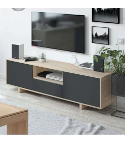 Mueble de TV Zubia tres Puertas y hueco central Acabado en roble y gris antracita 150 cm (Ancho) x 46 cm (Alto) x 41 cm (Fondo)