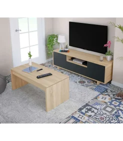 Mueble de TV Zubia tres Puertas y hueco central Acabado en roble y gris antracita 150 cm (Ancho) x 46 cm (Alto) x 41 cm (Fondo)